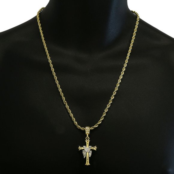 14k Gold Cross 24" Rope Chain + Pendant - Picture 1 of 7